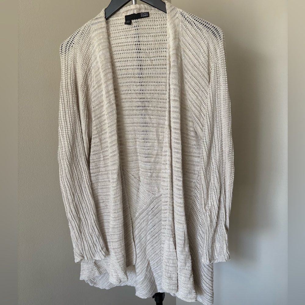 Eileen Fisher Cream Open-Front Linen Knit Cardigan
